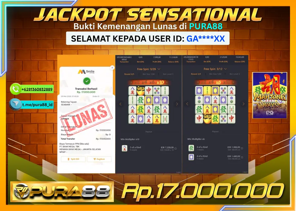 PURA88 JACKPOT MAHJONG WAYS Rp 17.000.000,- LUNAS